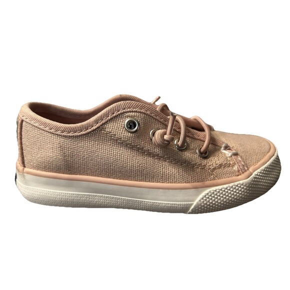 Sperry Iridescent Pink Little Girl Canvas Sneakers Size 8 logo pul on - Picture 2 of 5